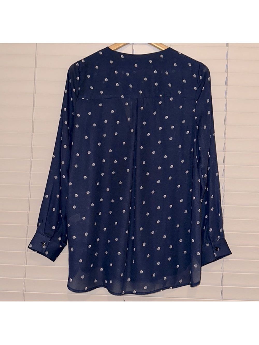 Jeanswest 10 Navy Blush Pink Polka Spotted Button Front Long Sleeve Blouse - Picture 2 of 13